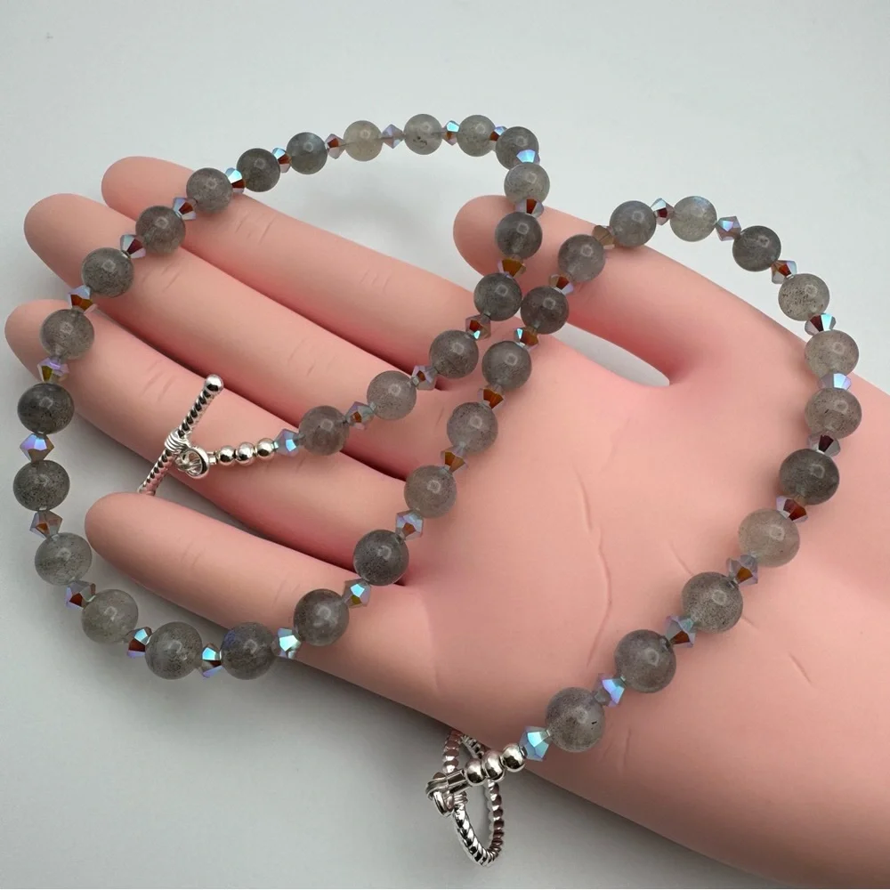 Stunning New Labradorite Beaded Necklace Swarovski Crystal Accents Silver Toggle
